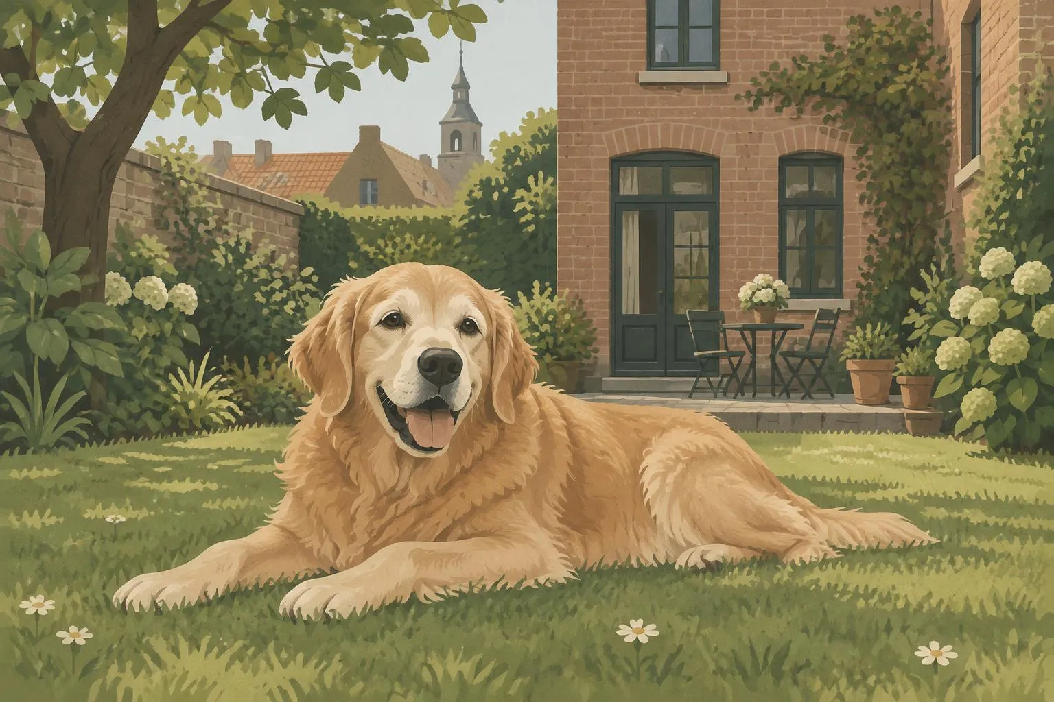 Hond ligt tevreden in een Vlaamse tuin