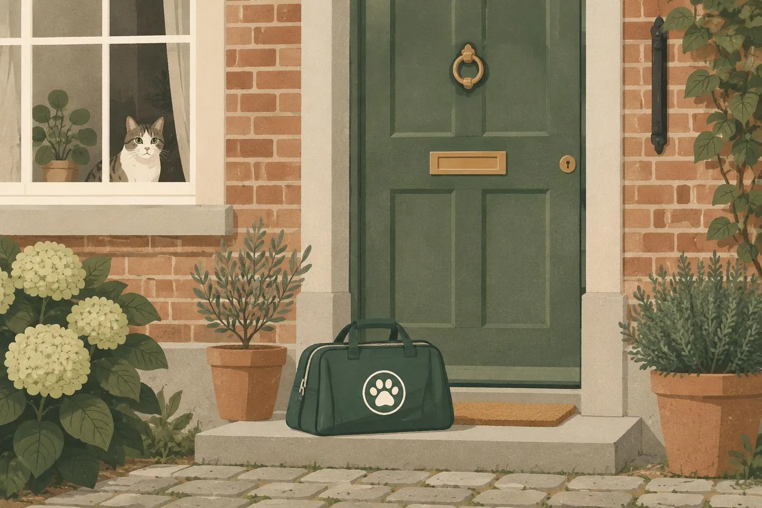 Dierenartstas voor de voordeur, een kat kijkt door het raam